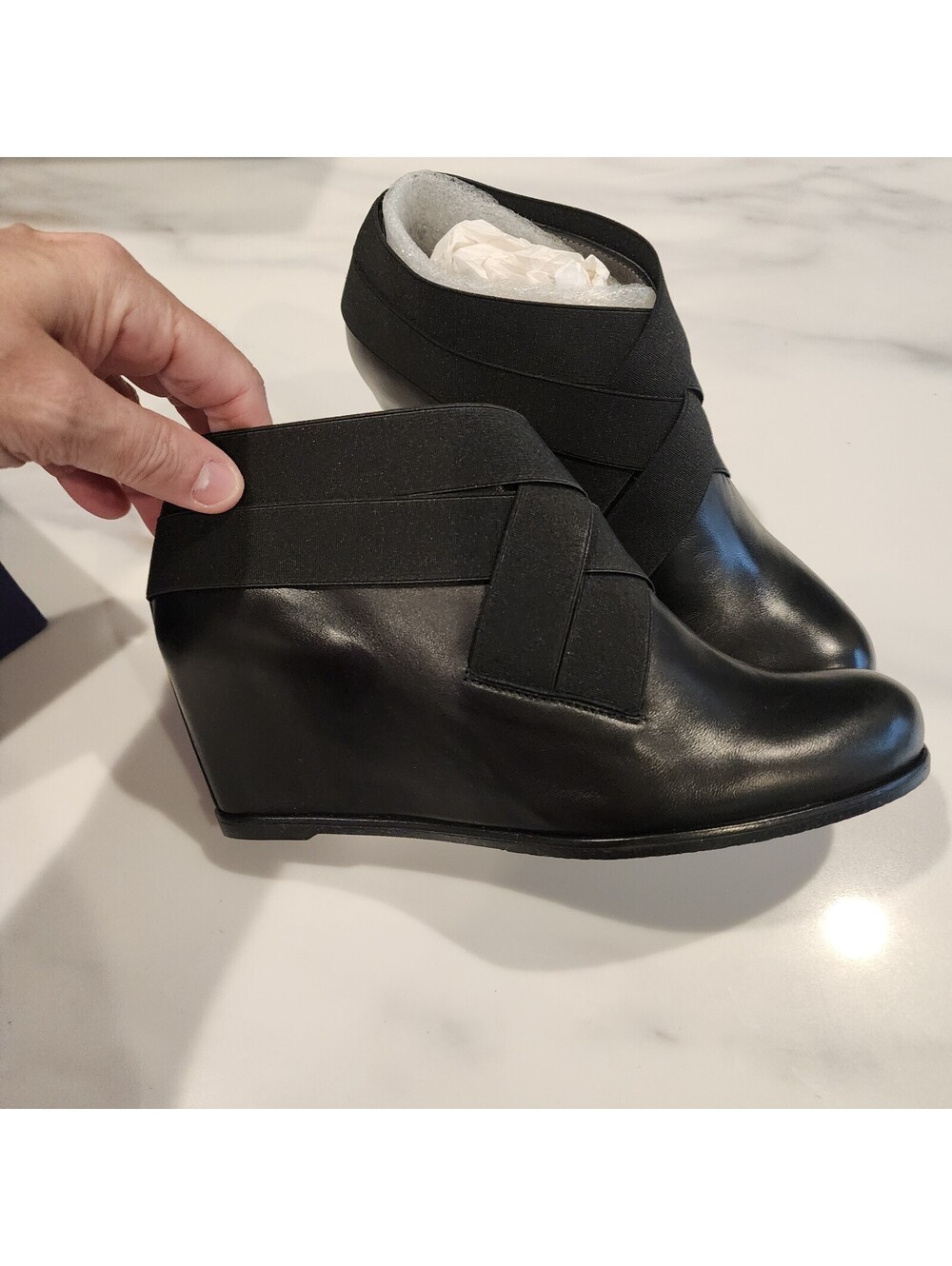 New Stuart Weitzman Black Leather Wedge Ankle Boots with Elastic Detail 6.5 W